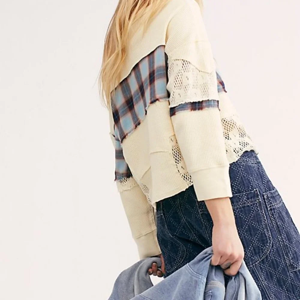 Free People We The Free Nina Tee Plaid Cream Top XS US ITEM